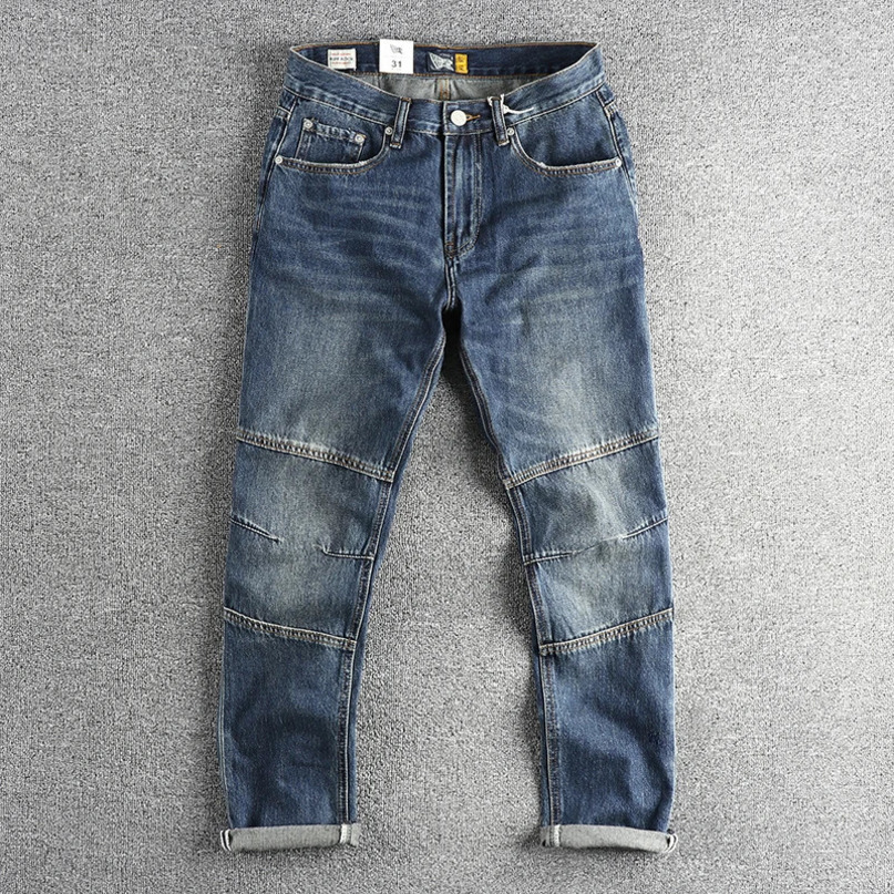 Western Style Vintage Distressed Old Washed Denim Jeans for Men Patchwork Slim Fit Straight Pants Four Seasons High Quality 240523