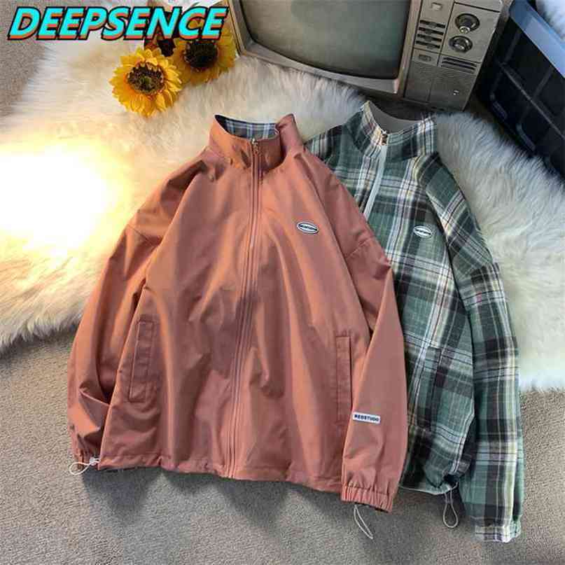 Coat Spring Autumn Casual Stand Jacket Men Korean Reversible Plaid Fashion All Match Loose Fit Jacktes Men Women 210723