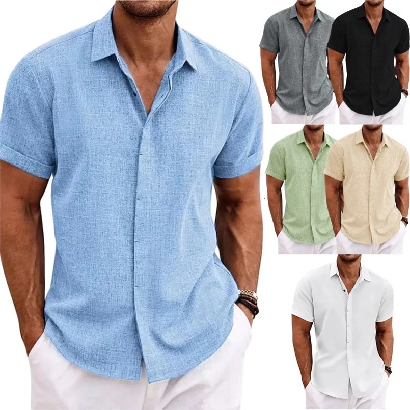 Mens fashionable polo collar solid color shirt short sleeved V-neck button up summer shirt casual loose cotton linen top 250411
