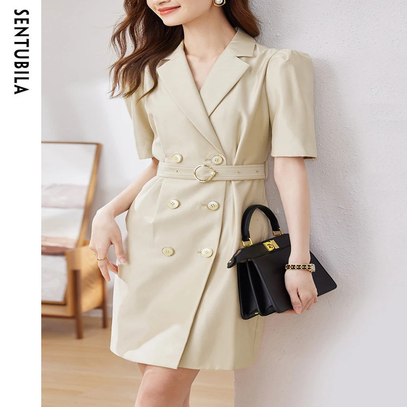 SENTUBILA Summer Blazer Dresses for Women Notched Collar Double Breasted Elegant Straight Mini Office Ladies 240513