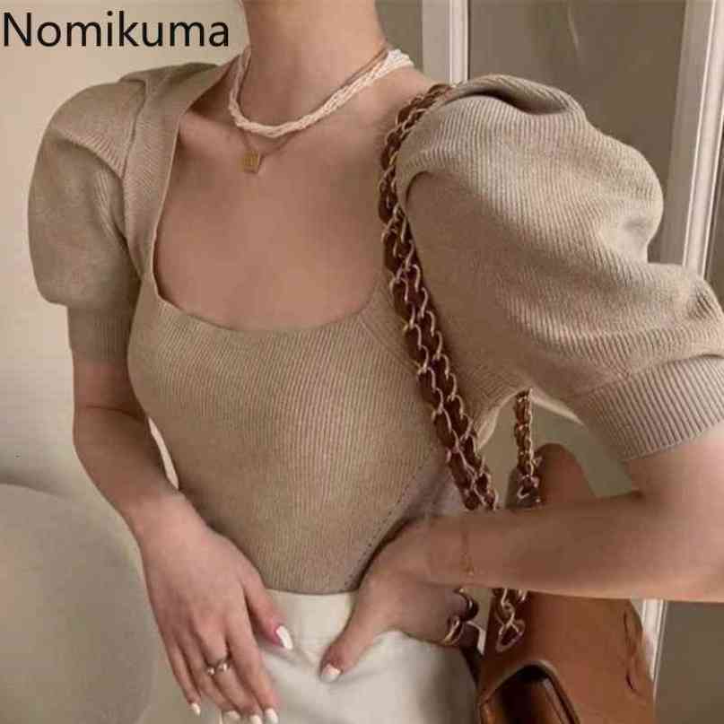 Nomikuma Vintage Square Collar Puff Sleeve Knitted Pullovers Bow Tie Back Hollow-out Knitwear Summer Thin Top Jumper 6H263 210427