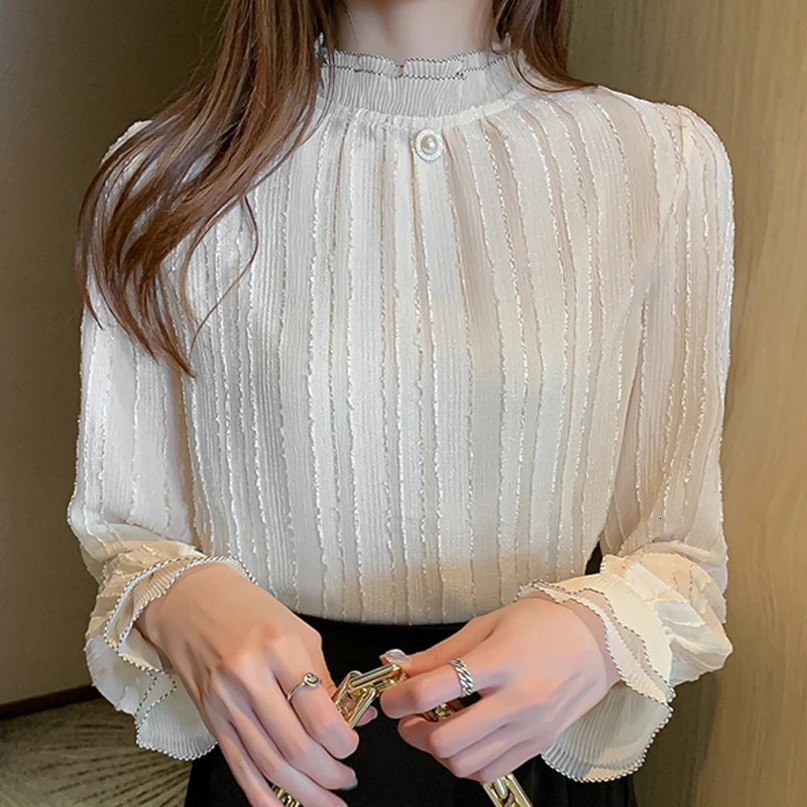 Autumn Women Stand Collar Lace Chiffon Blouse Shirt Tops Long Sleeve Blusas Mujer De Moda Blouses Female E127 240531
