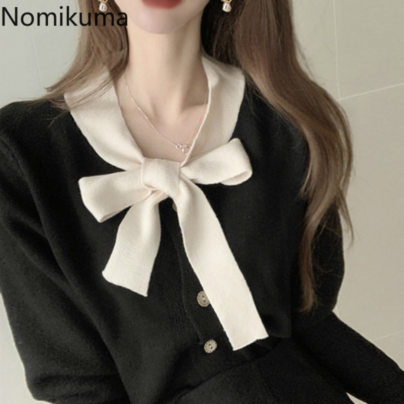 Nomikuma Korean Bow Tie O-neck Knitted Coat Autumn Winter New Long Sleeve Women Knitwear Causal Elegant Sweater Cardigan 6D107 210427