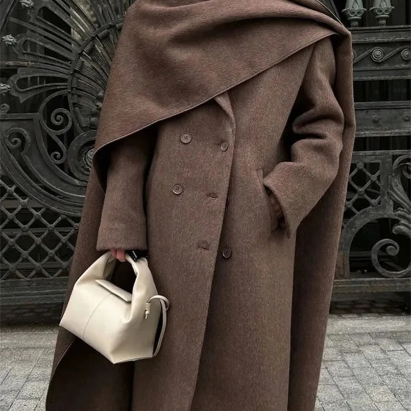 Outerwear Female Cashmere Overcoats Scarf Collor Double Breasted Elegant Women Thicken Woolen Coat Winter Long Jacket 241126