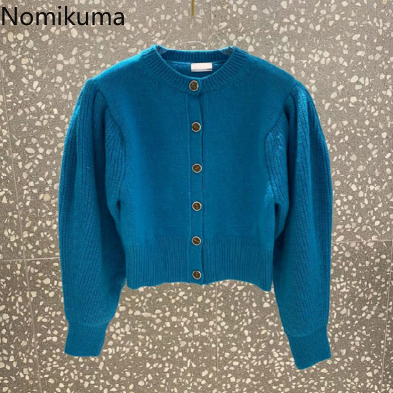 Nomikuma Korean Puff Long Sleeve O-neck Sweater Coat Autumn New Knitted Cardigan Causal Solid Ellegant Women Sweater 6C514 210427