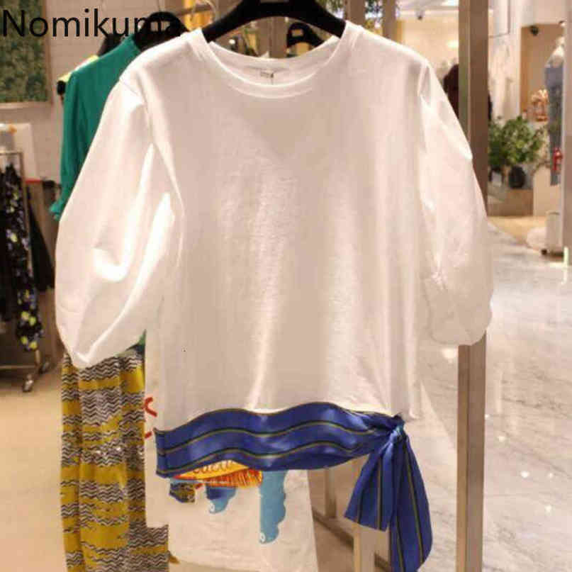 Nomikuma Puff Short Sleeve O-neck Shirts for Women Korean Stripe Bow Tie Graphic T Shirts Causal Sweet New Tee Tops 6G578 210427