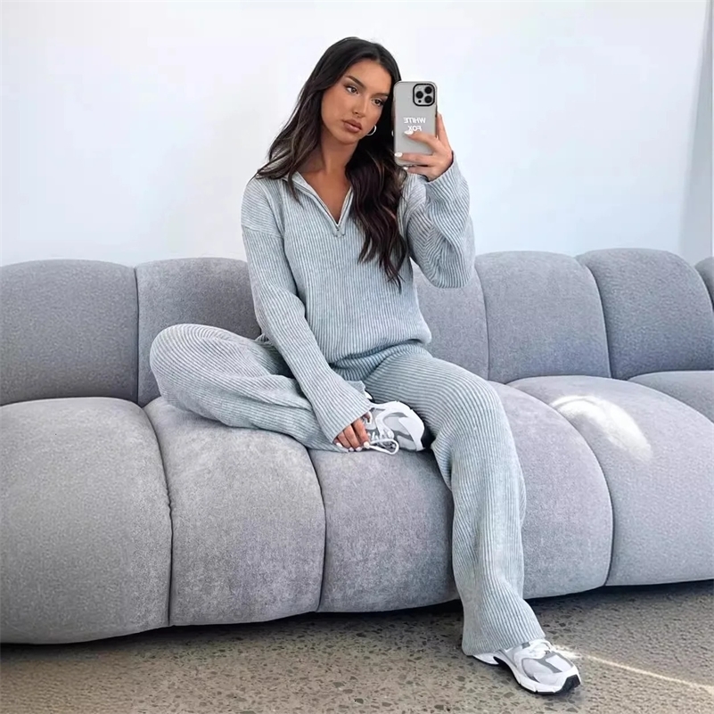 Autumn and Winter Womens Knitted 2PCS Clothing Set Half Zipper Sweater ZipperUltra Thin Pants 2piece 241206Y