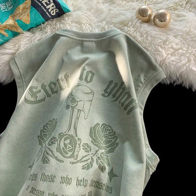 American summer street style rose print vest suitable for hiphop men and women loose casual sleeveless Tshirt top harajuku y2k 240819
