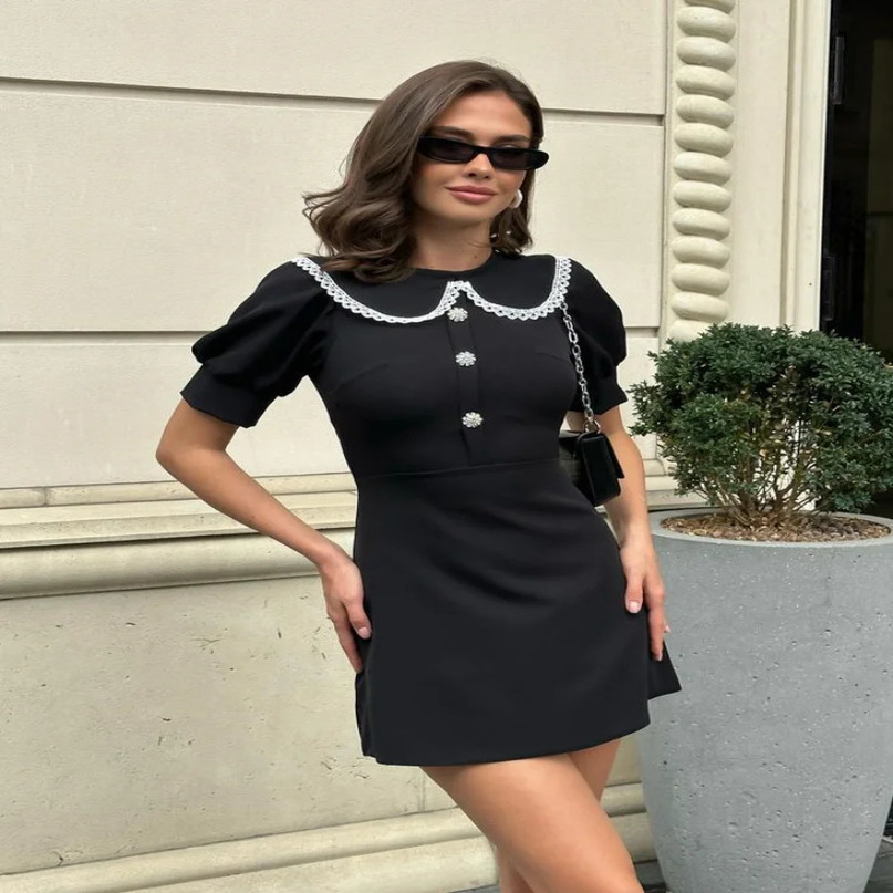 Elegant Doll Collar Mini Dress Women Spring Summer Chic Solid Short Sleeve Sexy Slim Button Dresses Female Commute Clothes 240513