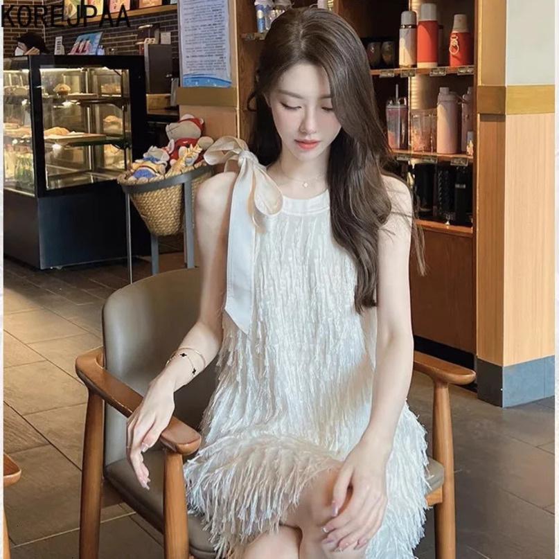 Korejpaa Gentle Summer Dress Elegant Tassel Bow Round Neck Tank Dresses Women Korean Fashion Sleeveless Vestidos De Mujer 240513