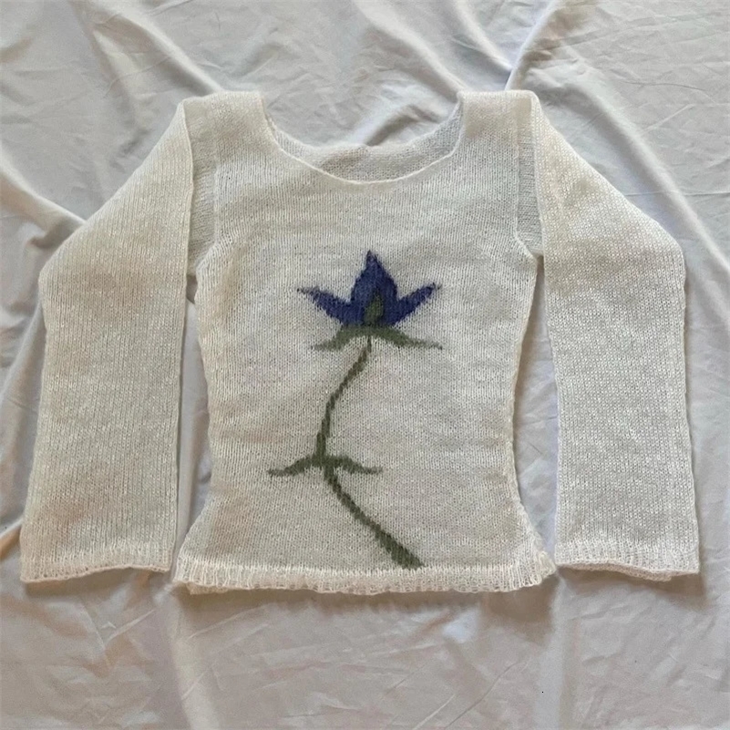 Vintage Y2K Knitted Sweater Flower Aesthetics Graphic Print Pullover Tops Long Sleeve Slim 2000s Harajuku Top Streetwear 241223Zy