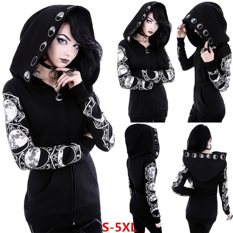 Fashion Trend Womens Punk Black Hoodie Moon Print Longsleeved Sweater 250731Y