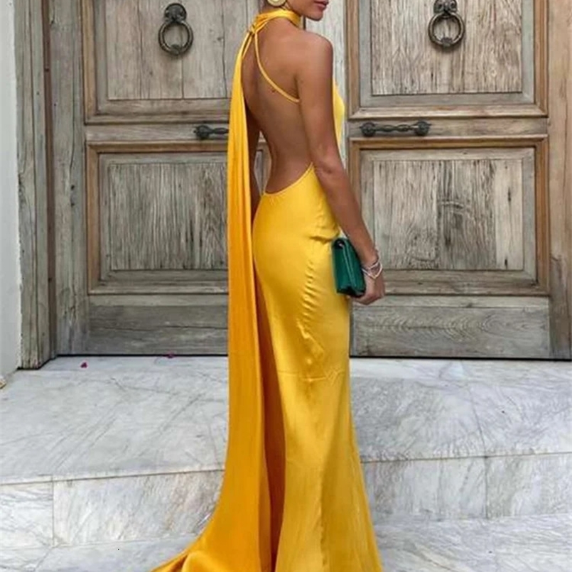 Women Backless Long Dresses Lace Up Halter Maxi Dress With Scarf Solid Sleeveless Slim Robe Elegant Lady Party Vestidos 250411