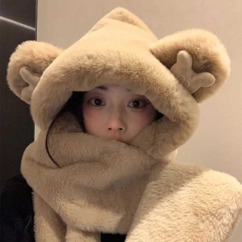 Bear Ear Hat Scarf Cbo for Wen Winter Korean Style Cute Plush Thicke Warm Neck Warmer Gloves ThreePiece Set X250925