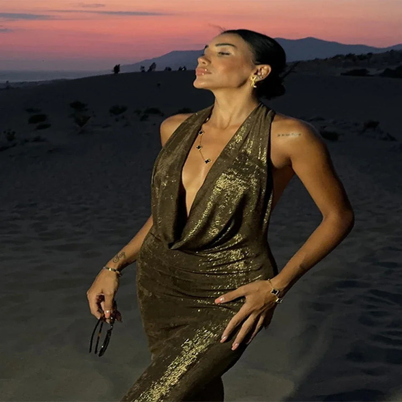 Bling Glitter Women Halter Maxi Dress Sexy V Neck Backless Lady Long Dresses Party Evening Birthday Clothes Elegant Prom Dress 250306