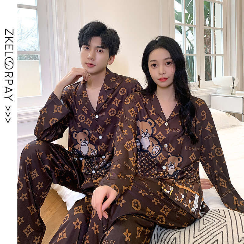 Designer Spring And Autumn New Ice Couple Pajamas Women, High-End Thin Imitation Silk Long-Sleeve Cartoon Homewear For Men