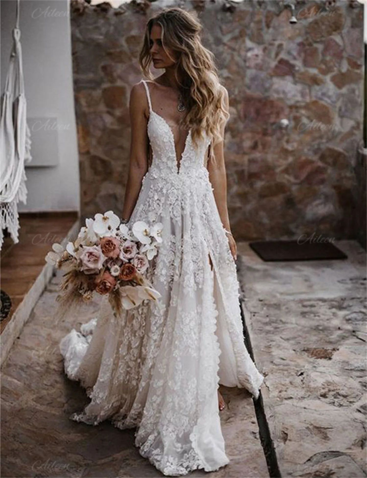 Sexy Summer Lace Wedding Dresses Beach Boho Bridal Gowns Sleeveless Backless Western Country Bohemian Robes de mariage 9P25