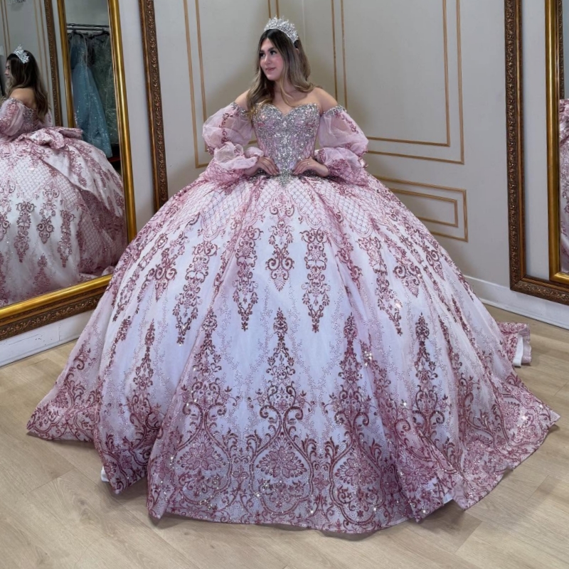 Pink Shiny Quinceanera Dresses Off The Shoulder Sequin Applique Lace Beading Crystal Bow Tull Puff Sleeve Party Birthday Sweet 16 Dress Vestidos 15