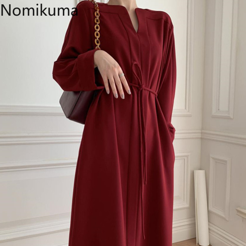 Nomikuma Korean Solid Elegant Women Dress Lace Up Slim Waist Vestidos Femme Spring Long Sleeve V-neck Dresses 6F695 210427