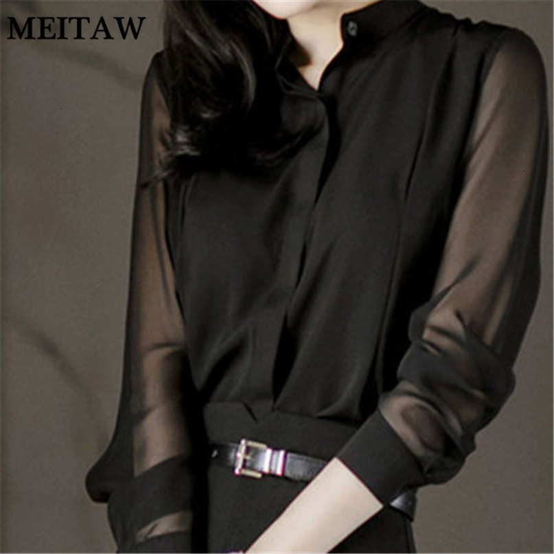 Womens Blouses Shirts Women Mesh Patchwork Chiffon Blouse Shirt Spring Sexy See Through OL Tops Casual Black Long Sleeve Slim Office 230404