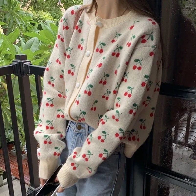 Women's Knits Tees Japanese Style Sweaters Coat Women Autumn Cherry-Print Knitted Cardigans for Woman Vintage Single Breasted Loose Cardigan 23