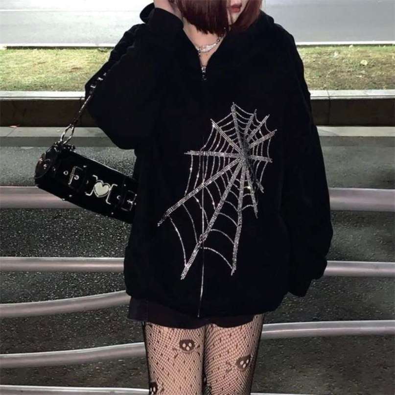 Gothic Black Rhinestone Punk Hooded Women Fairy Grunge Dark Academia Jacket Coat Harajuku Zipper Sweatshirts Emo Alt Clothing 210927