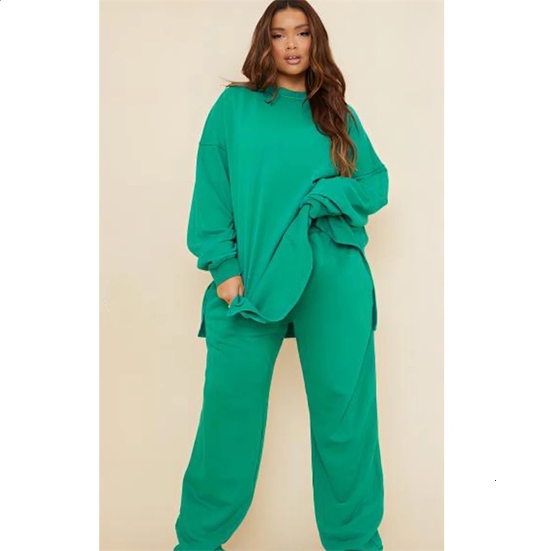 Womens Plus Size Casual Sport Matching Set Cargo Pant and Long Hooded Round Neck Two Piece Solid Leisure Loose Outfit 241203Z