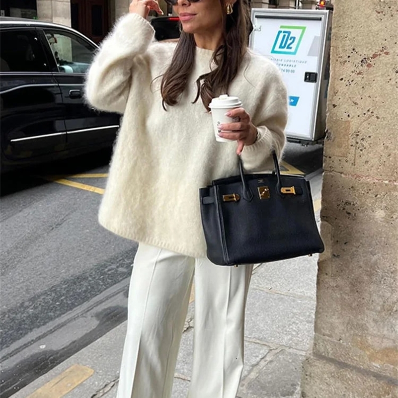 Chic Oneck Mohair Thick Knitted Sweater Women Casual White Loose Cashmere Pullover 2024 Lady Autumn Classic Daily Knitwear 241223Zy