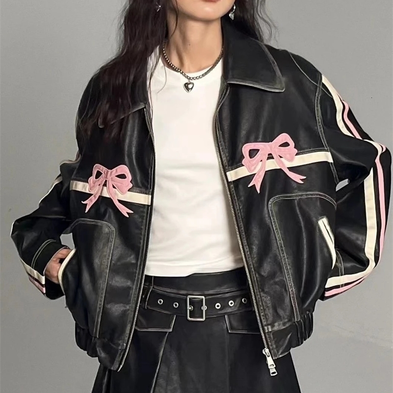 Cool Harajuku Womens Jacket Retro Street Wind Oversized Coat Korean Version Of Y2k Sweater Fashion Bow Casual PU Coat 240530