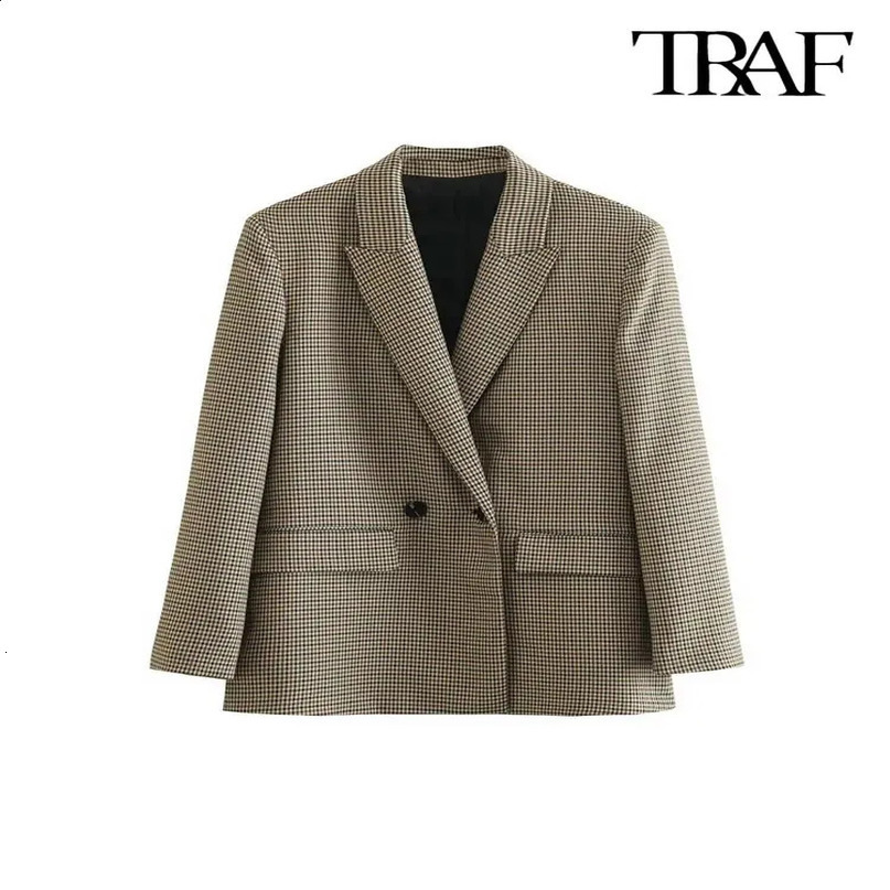 TRAF Women Fashion Double Breasted Plaid Blazer Coat Vintage Long Sleeve Flap Pockets Female Outerwear Chic Vestes Femme 250102