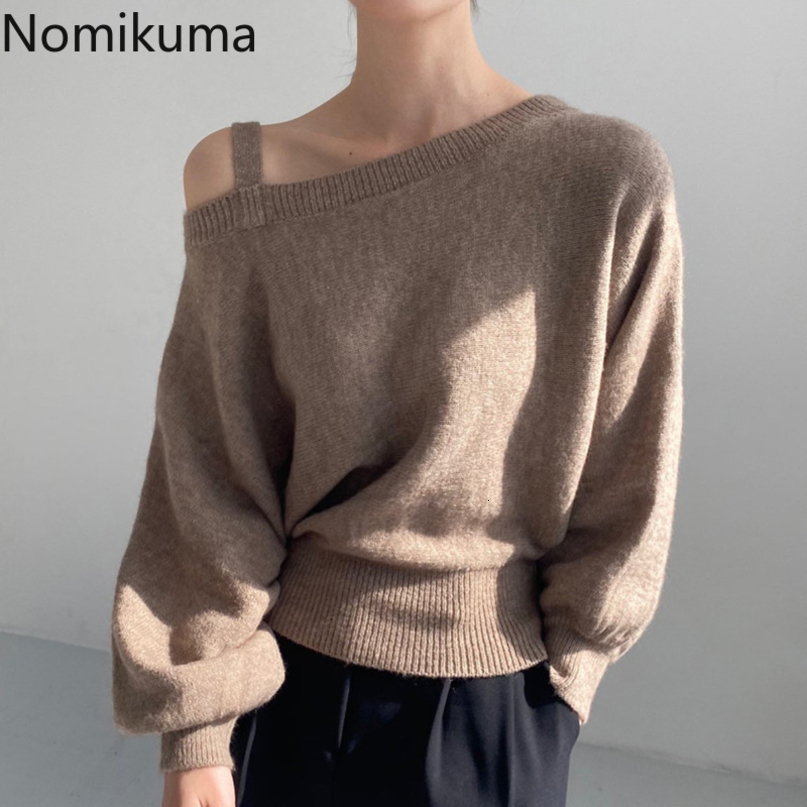 Nomikuma Sexy Strapless Women Pullover Knitwear Causal Batwing Sleeve Sweater Korean Knitted Tops Fashion Pull Femme 6D975 210427