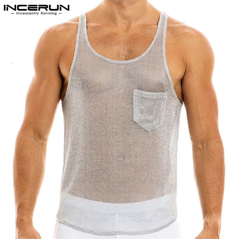 INCERUN Men Tank Tops Sleeveless O Neck Pockets See Through Thin Tops Streetwear Breathable Summer Vests Men Camisetas S-5XL 240530