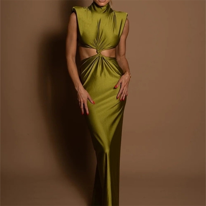 Mozision Hollow Out Turtleneck Sexy Maxi Dress For Women Fashion Solid Sleeveless Bodycon Tank Dresses Femme Club Party Dress 250605bj