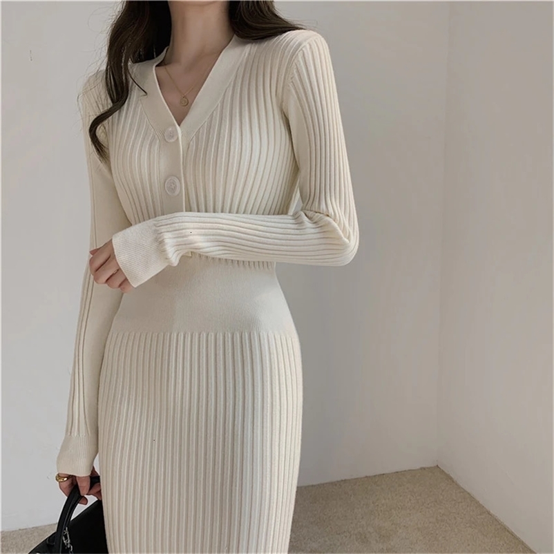 Womans Knitted Autumn Winter Clothes V-neck Women Sweater Dress Korean Fashion Streetwear Dress Long Sleeve Top Woman Dress 240530