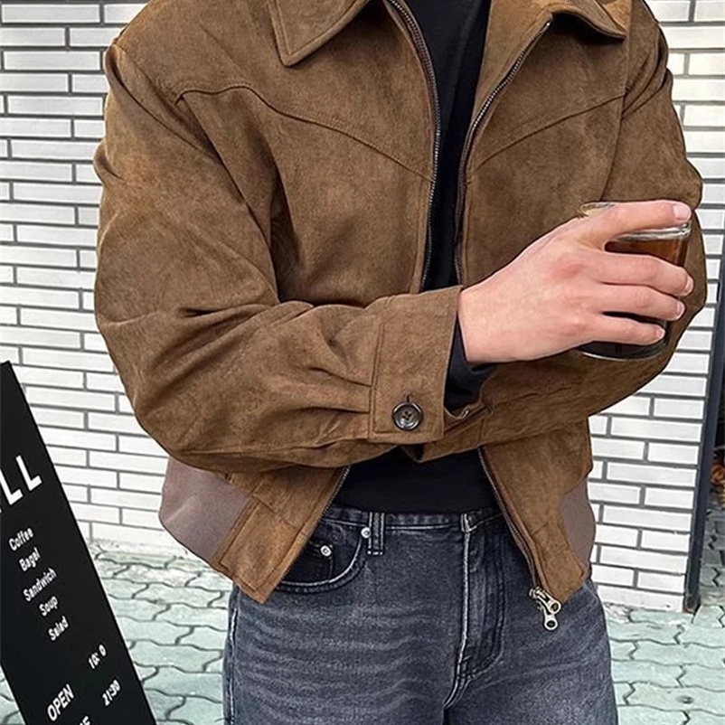 Mens Short Bomber Jackets 2024 Spring Retro Y2k Lapel Zipper Pocket Windbreaker Coats High Quality Overcoat Streetwear 250122