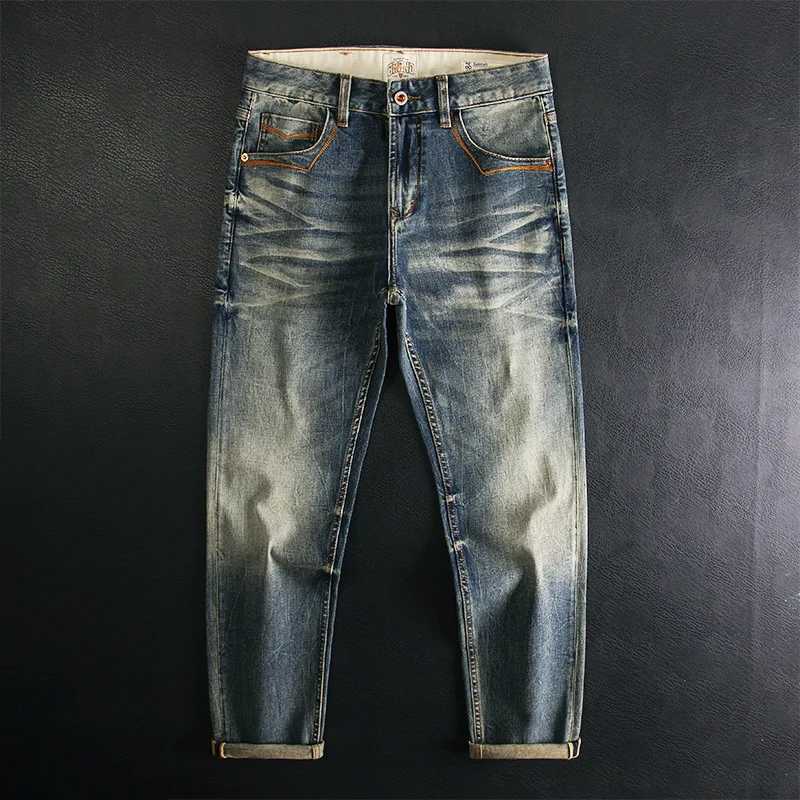 High end fashion nostalgic jeans mens retro washed slim straight tube classic embroidery casual denim pants W250925
