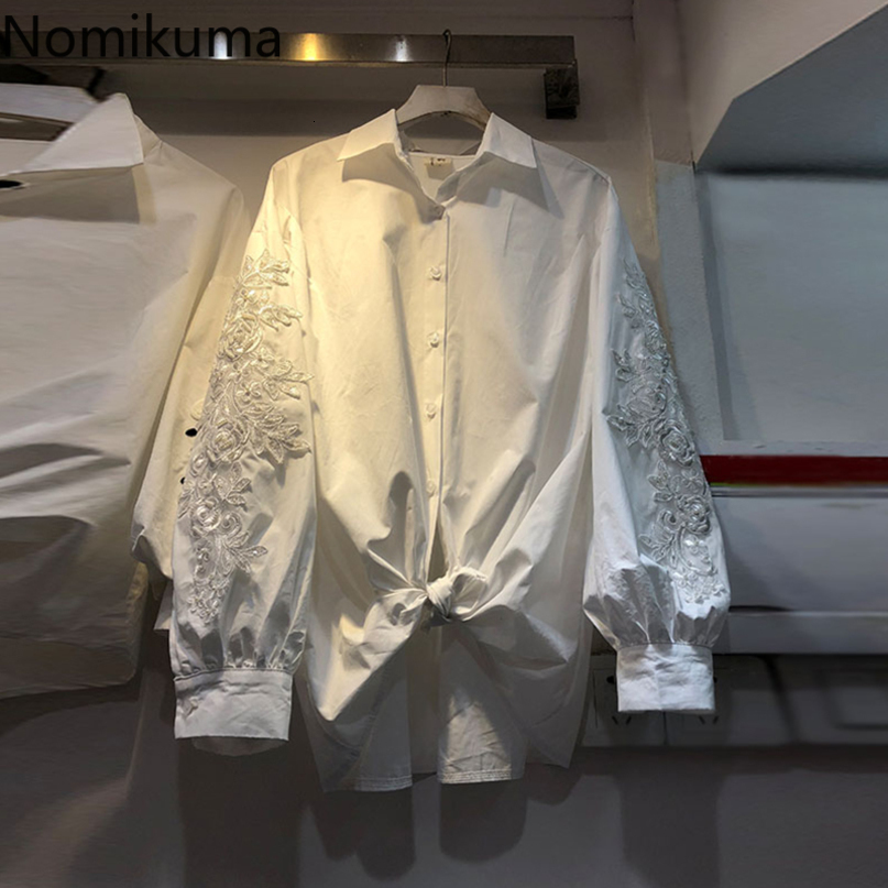Nomikuma Autumn New Blouse Shirt Lantern Long Sleeve 3D Flowers Beads Women Top Causal Turn-down Collar Korean Shirt 6C009 210427