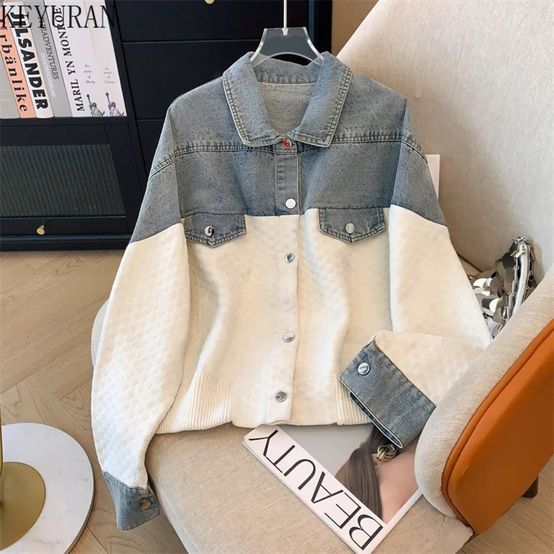 Cow patchwork knitted cardigan womens autumn and winter item Korean casual V-neck loose pocket n oversized sweater jacket 241031
