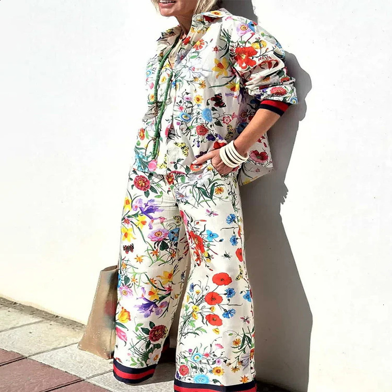 Women 2 Pieces Tracksuits Outfits Fiesta Satin Floral Print Button Down Shirts Pocketed Wide Leg Pants Set 240801