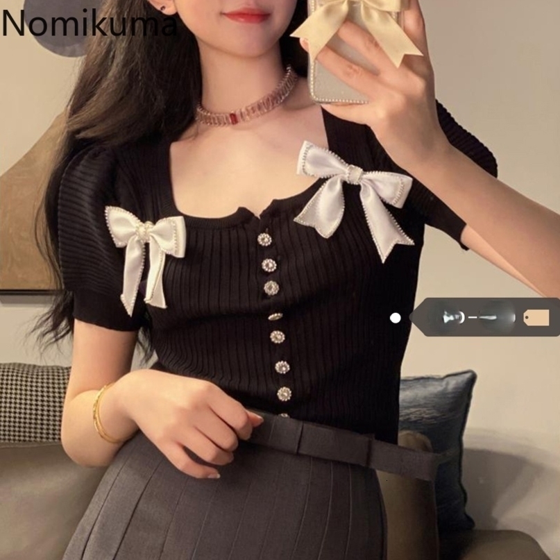 Nomikuma Korean Diamonds Bowknot Square Collar Knitted Cardigan Sweet Short Sleeve Summer Thin Women Knitwear New 6H478 210427
