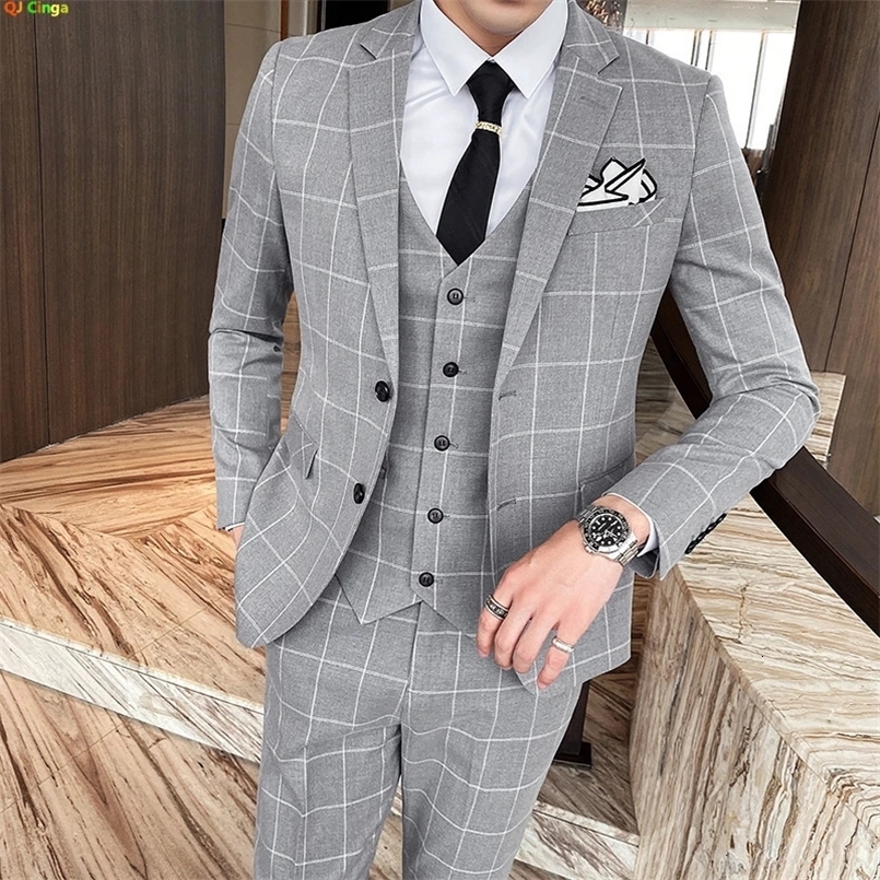 Gray Men Classic Striped/Checked Suits Business Office 3 Piece Asian Size Slim Fit Men Dress Jacket Pants with Vest S-4XL 250522