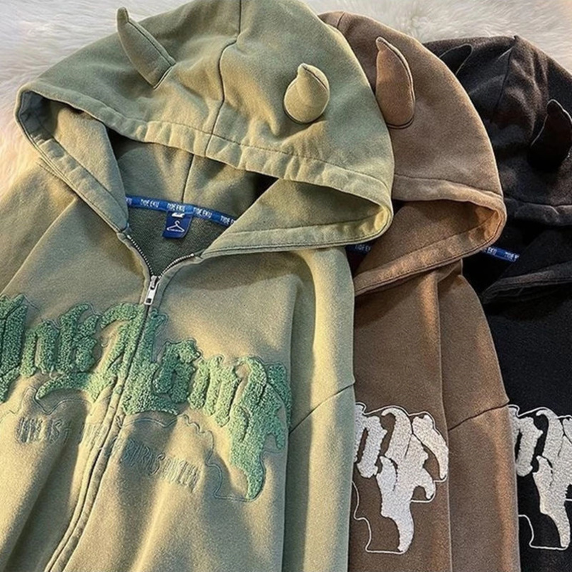 Womens Hoodies Sweatshirts Harajuku Angel Ears Women Retro Oversize Zipper Letter Embroidery Autumn Y2K Long Sleeve Hooded Jackets Tops 230224