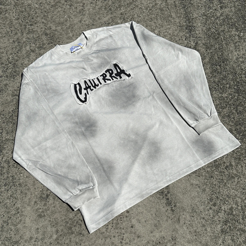 Yao888 washed retro 100% cotton long sleeved mens top with threeway oversized decal embroidery Y2k street Tshirt 240823