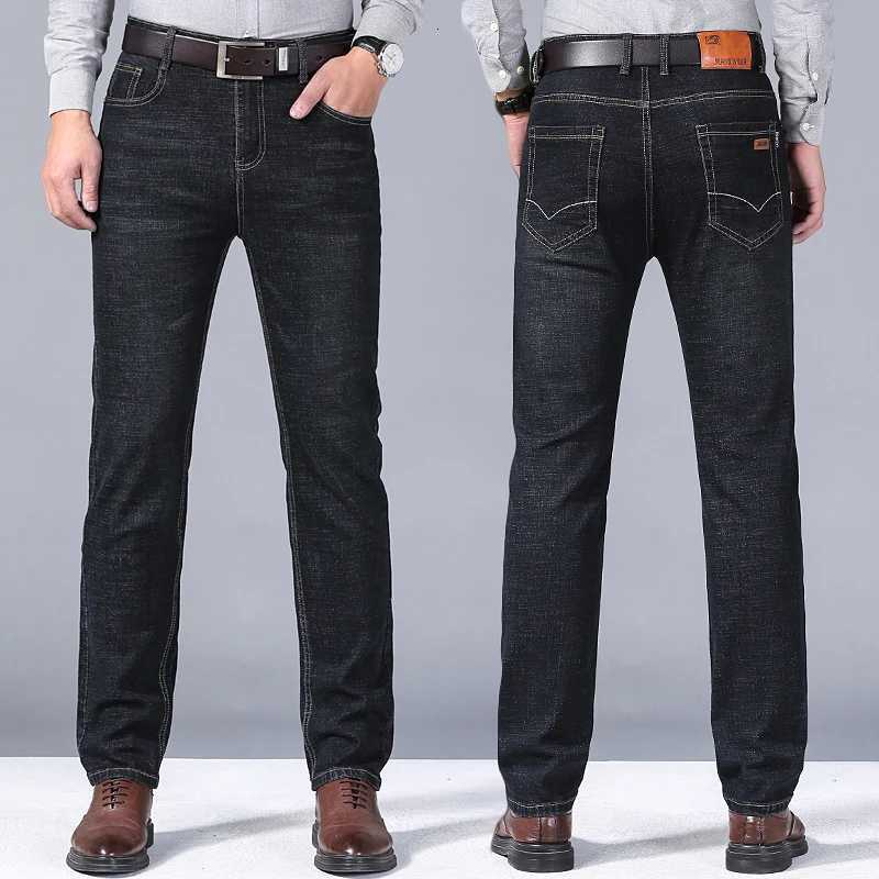 2840New mens business casual denim pants with mid high waist loose and fashionable straight leg elastic twocolor design W250925