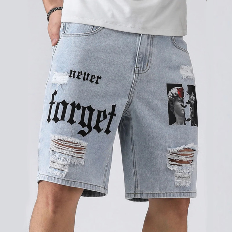 Men Summer Stretchy Denim Shorts Jeans For Streetwear Letter Ripped Knee length Baggy Comfort Cargo Casual Pants Jean 240528