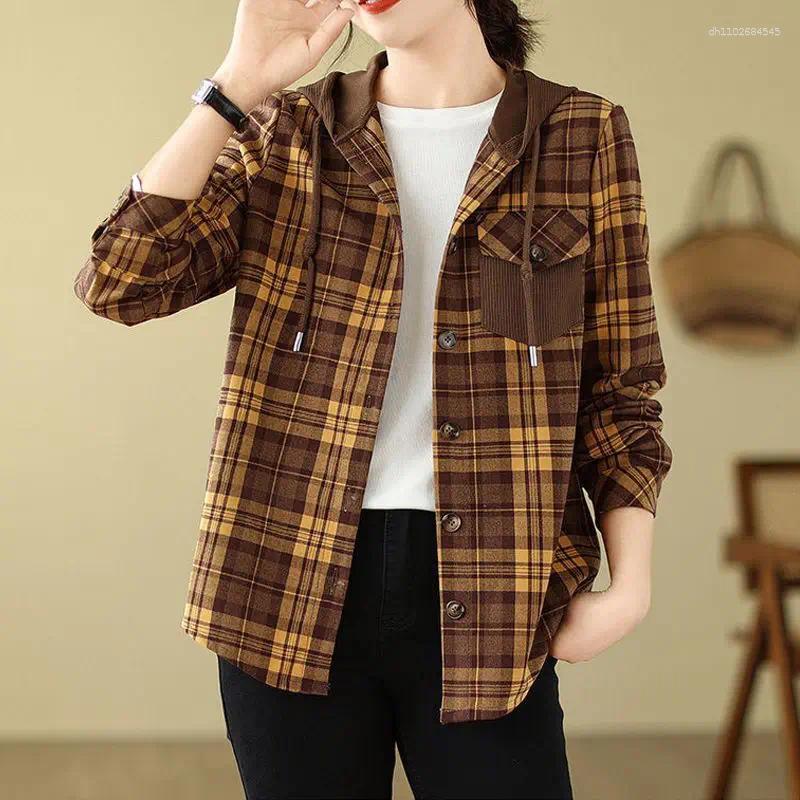 Women's Jackets Plaid Jacket For Women In Autumn And Winter Style Hooded Large-size Shirt Casual Loose