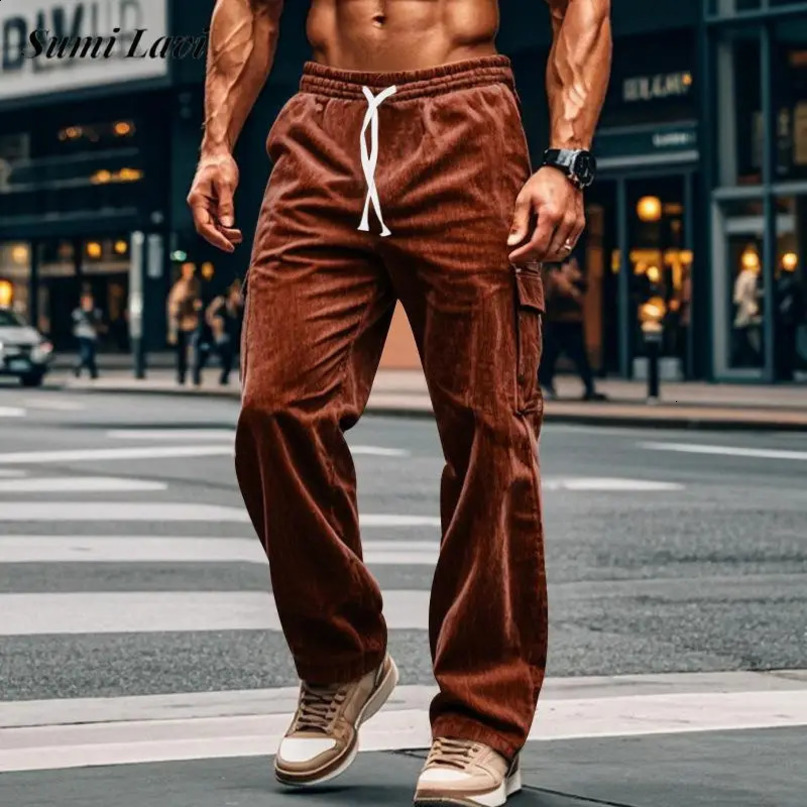 autumn mens casual pants solid color multi pocket Corduroy straight retro brushed loose cargo 240822