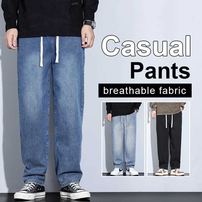 Mens Retro Style Straight Loose Wide Leg Jeans 2025 Autumn Winter Drawstring Design Trendy Versatile Casual Pants Plus Size 5XL W250925