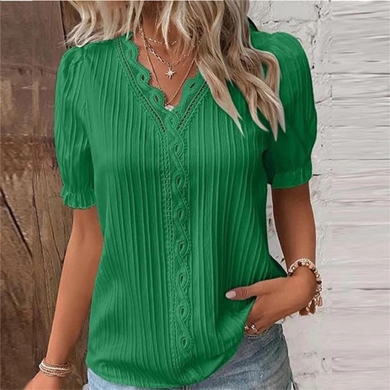 2024 Summer Womens Top Solid Sexy VNeck Hollow Short Sleeve Shirt Fashion Splice Plus Size Blouse Loose Street Apparel y250226Z