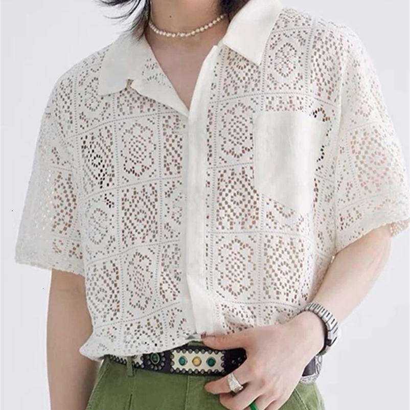 Fashion Casual Style Mens Tops INCERUN Hollow Lace Pane Flower Printed Blouse Male Knitted Short-sleeved Shirts S-5XL 240530